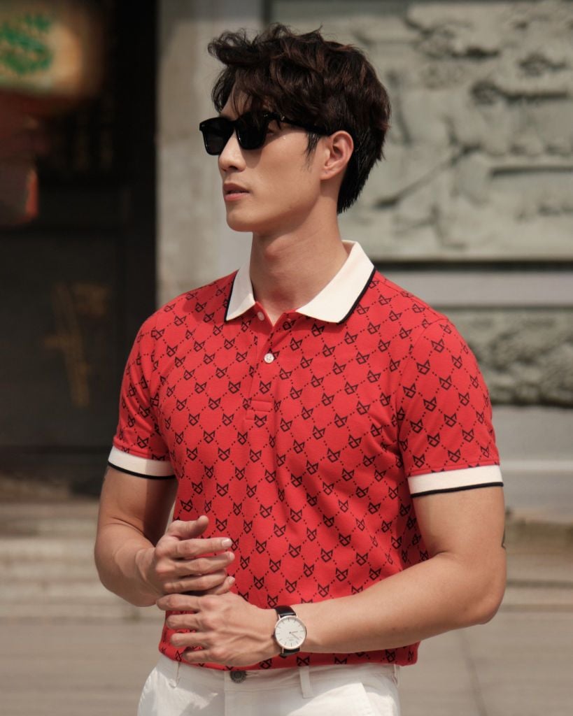 Áo Thun Polo Pique 2.0 Đỏ Monogram Bo Kem