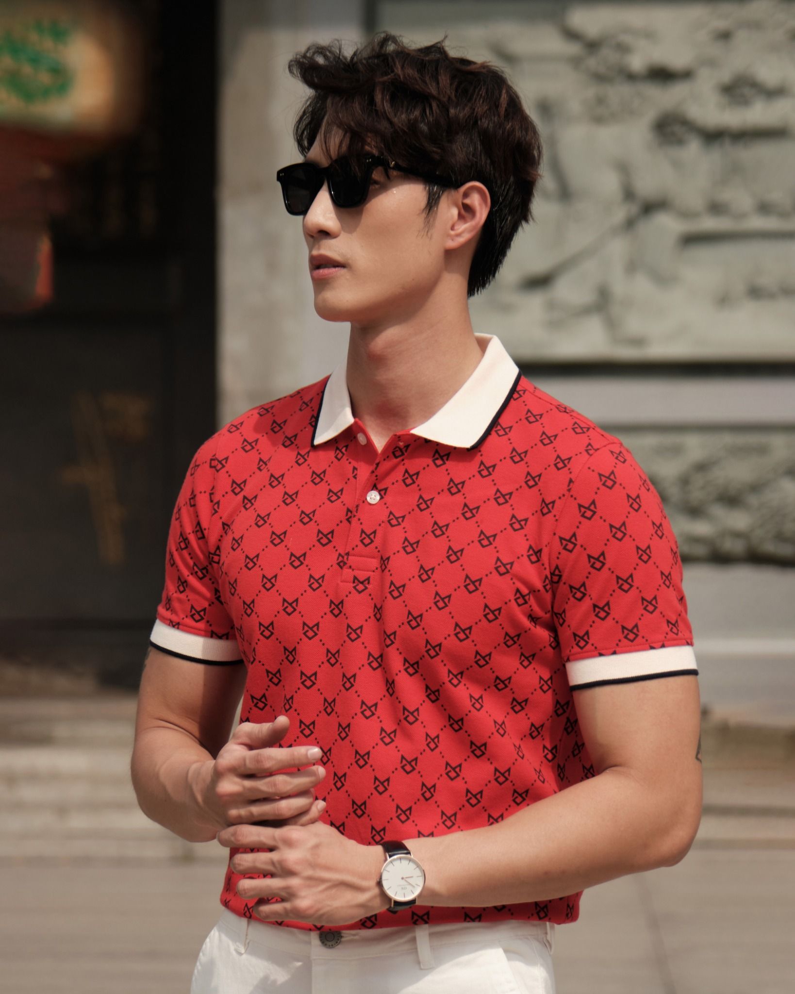 Áo Thun Polo Pique 2.0 Đỏ Monogram Bo Kem