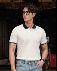 Áo Thun Polo Pique Trắng In Tràn Monogram BC