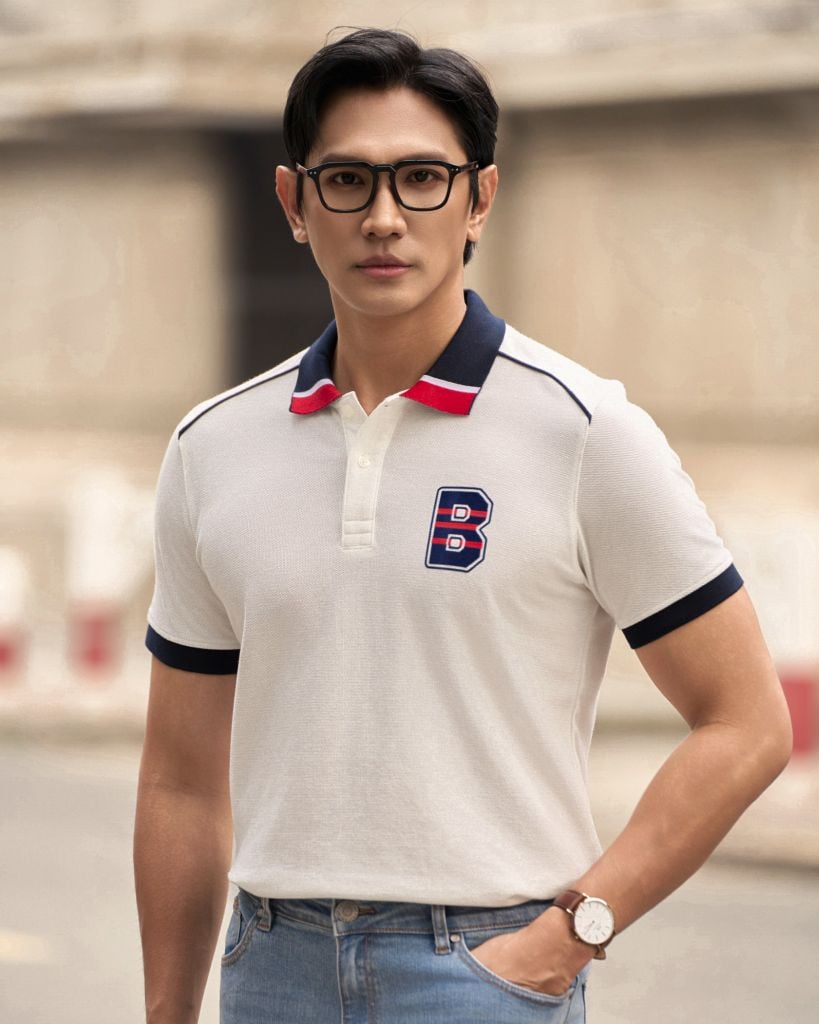 Áo Thun Polo Cool Pique Trắng Bo Cổ Xanh In B