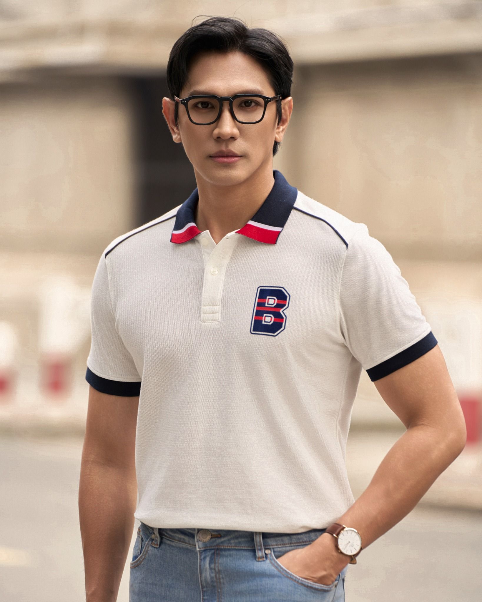 Áo Thun Polo Cool Pique Trắng Bo Cổ Xanh In B