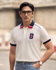 Áo Thun Polo Cool Pique Trắng Bo Cổ Xanh In B