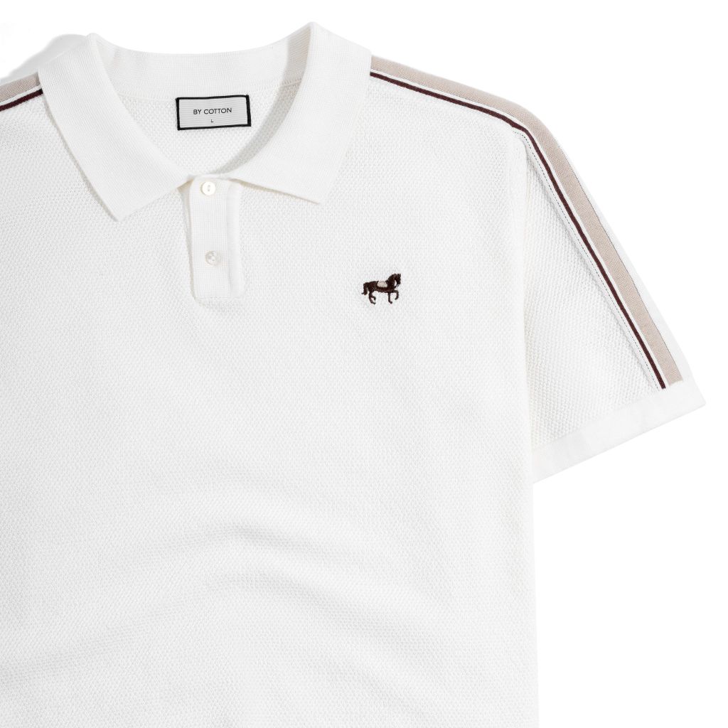 Áo Thun Polo Dệt Kim Cao Cấp Trắng Phối Vai Be Nâu - SS2