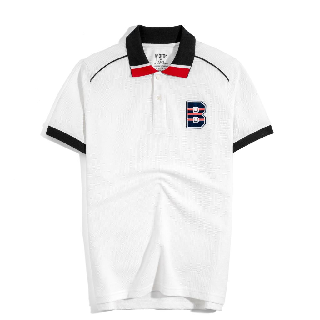 Áo Thun Polo Cool Pique Trắng Bo Cổ Xanh In B