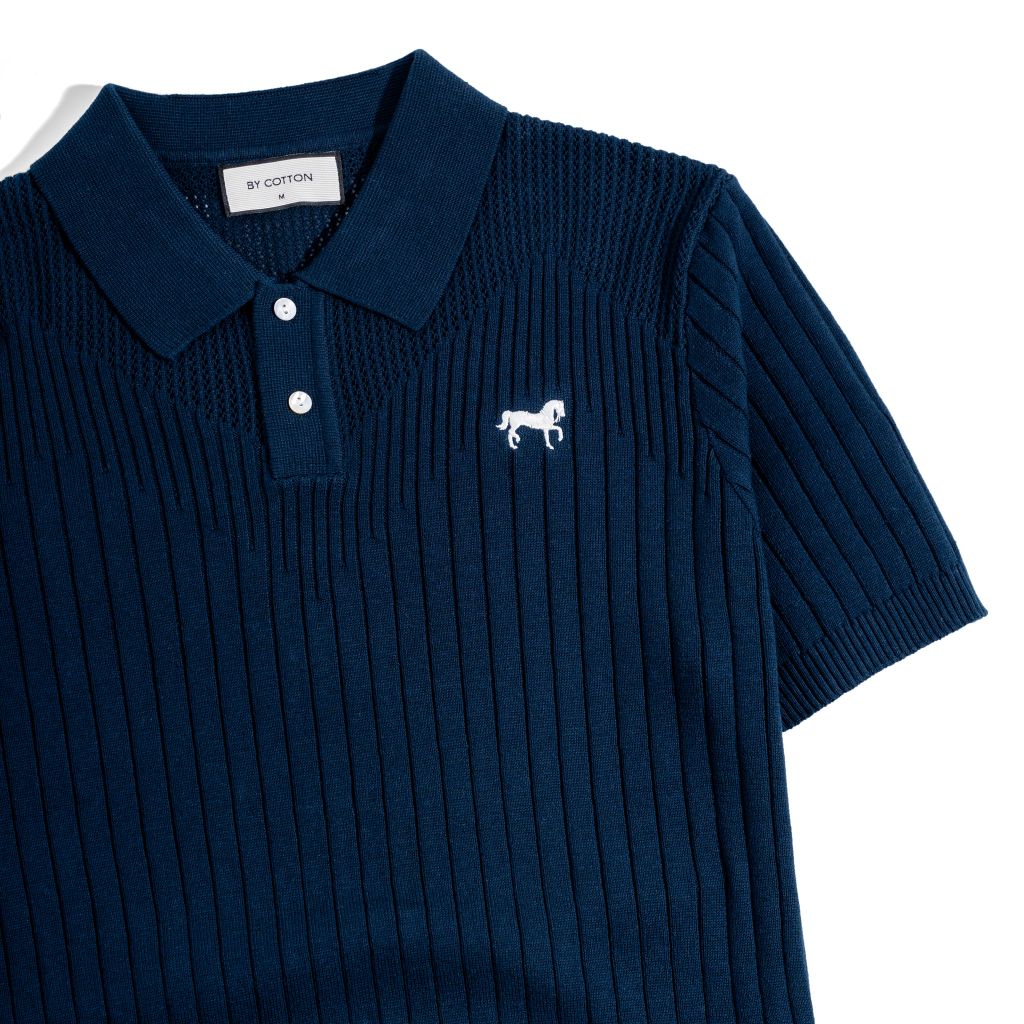 Áo Thun Polo Dệt Kim Sọc Đứng Xanh Đen - Thêu Ngựa