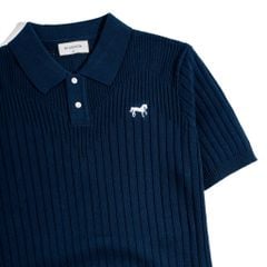 Áo Thun Polo Dệt Kim Sọc Đứng Xanh Đen - Thêu Ngựa
