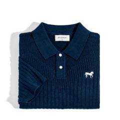 Áo Thun Polo Dệt Kim Sọc Đứng Xanh Đen - Thêu Ngựa