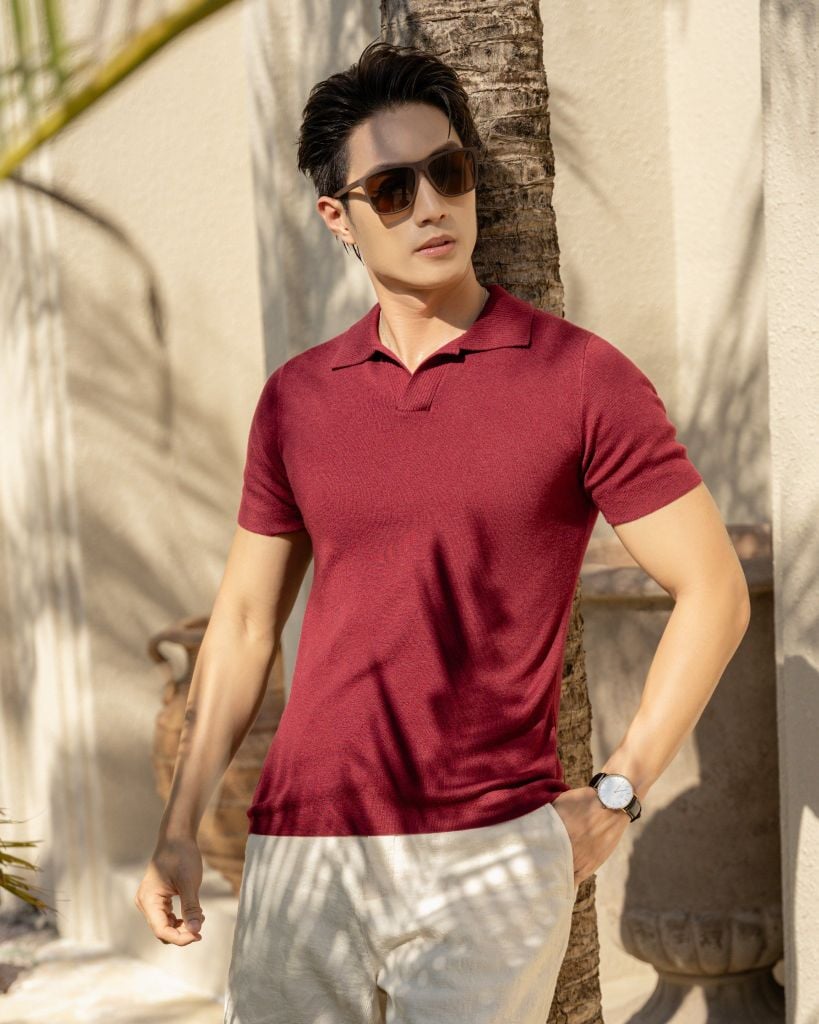 Áo Thun Polo Dệt Kim Sợi Plain Màu Đỏ Đô