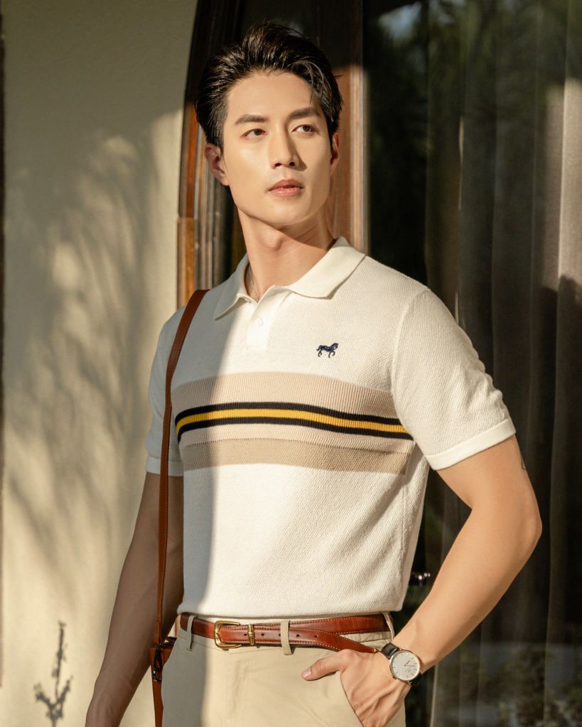 Áo Thun Polo Dệt Kim Trắng Sọc Ngực Thêu Ngựa - SS2