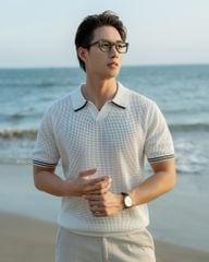 Áo Thun Polo Dệt Kim Trắng Lỗ Viền Sọc Bo Tay