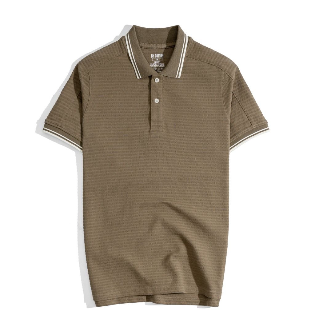 Áo Thun Polo Gân Nâu Phối Vai