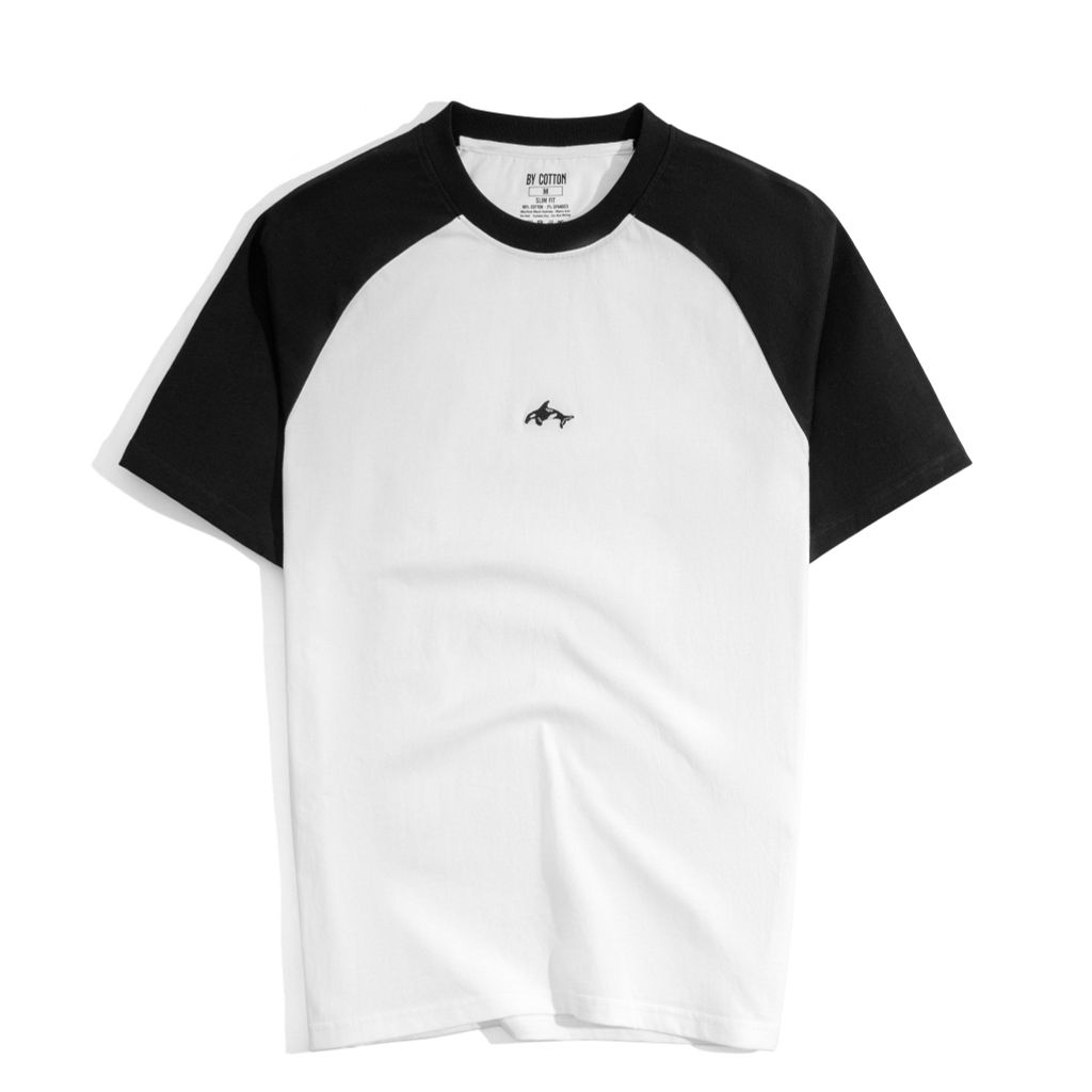 Áo Thun Cổ Tròn Raglan Slimfit Thêu Cá Heo - Màu Trắng
