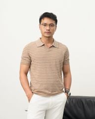 Áo Thun Polo Dệt Kim Textured Sọc Nhuyễn Kem Nâu