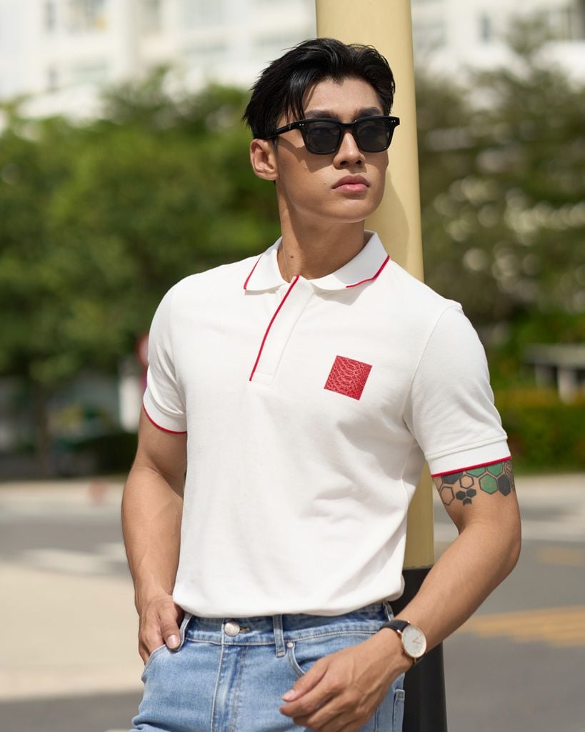 Áo Thun Polo Pique 1.0 Trắng In Icon Góc Ngực