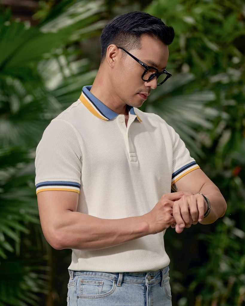Áo Thun Polo Waffle Trắng Bo Cổ Xanh