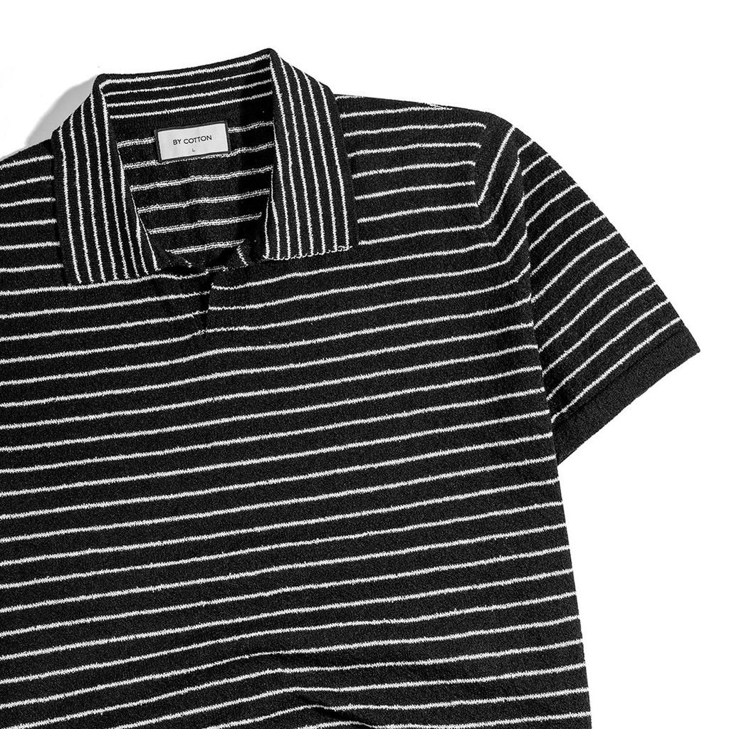 Áo Thun Polo Dệt Kim Textured Sọc Nhuyễn Đen Trắng