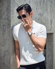 Áo Thun Polo Dệt Kim Twist Màu Kem