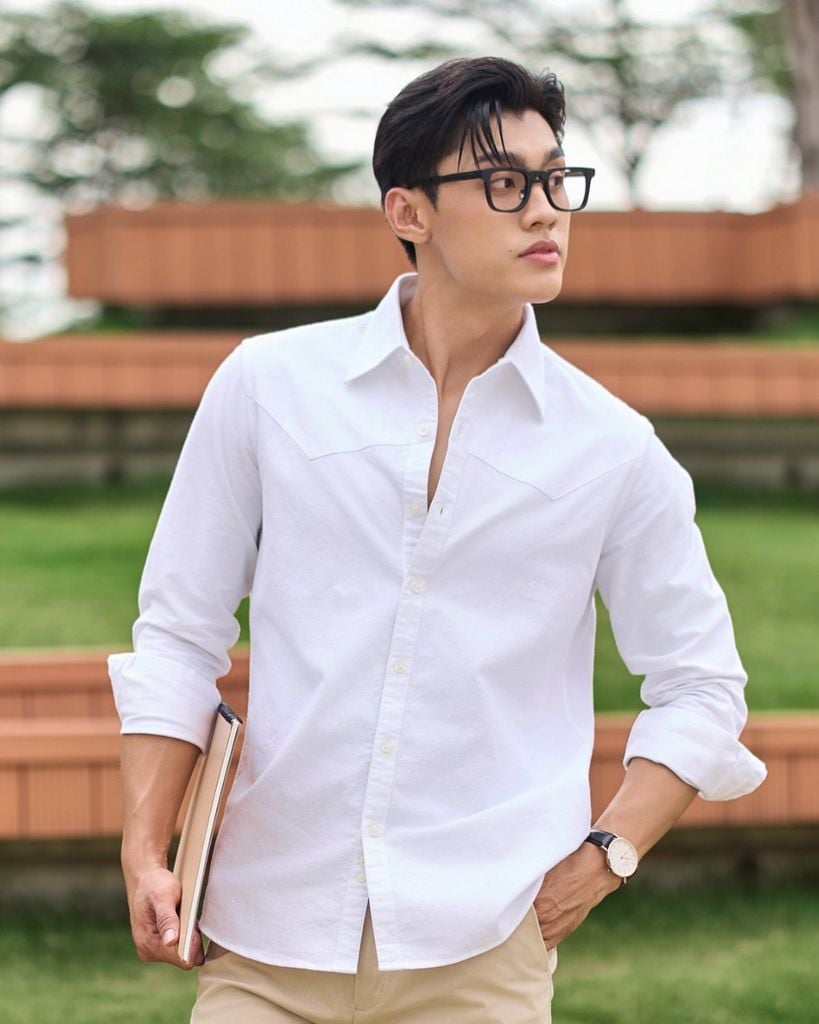 Áo Sơ Mi Nam Oxford Trắng Phối Đô