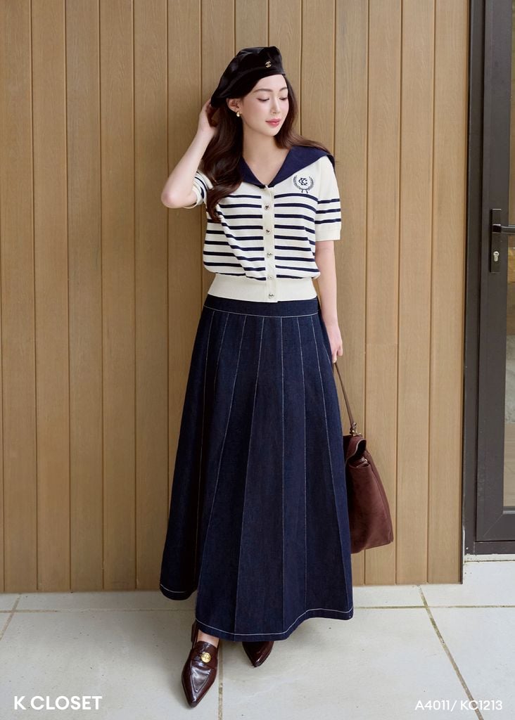  CHÂN VÁY DENIM DÁNG DÀI XẾP LY KC1213 