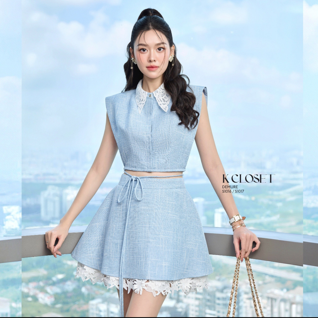  SET ÁO CỔ LÁ REN CUT OUT LƯNG - CHÂN VÁY DÁNG A LAI REN K CLOSET S1016S1017 