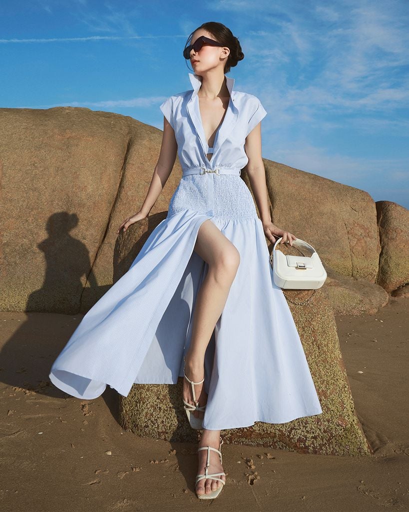  SMOKE STRIPED SUMMER SHIRT DRESS - ĐẦM DÀI KẺ SỌC NHÚN HÔNG K CLOSET D2009 