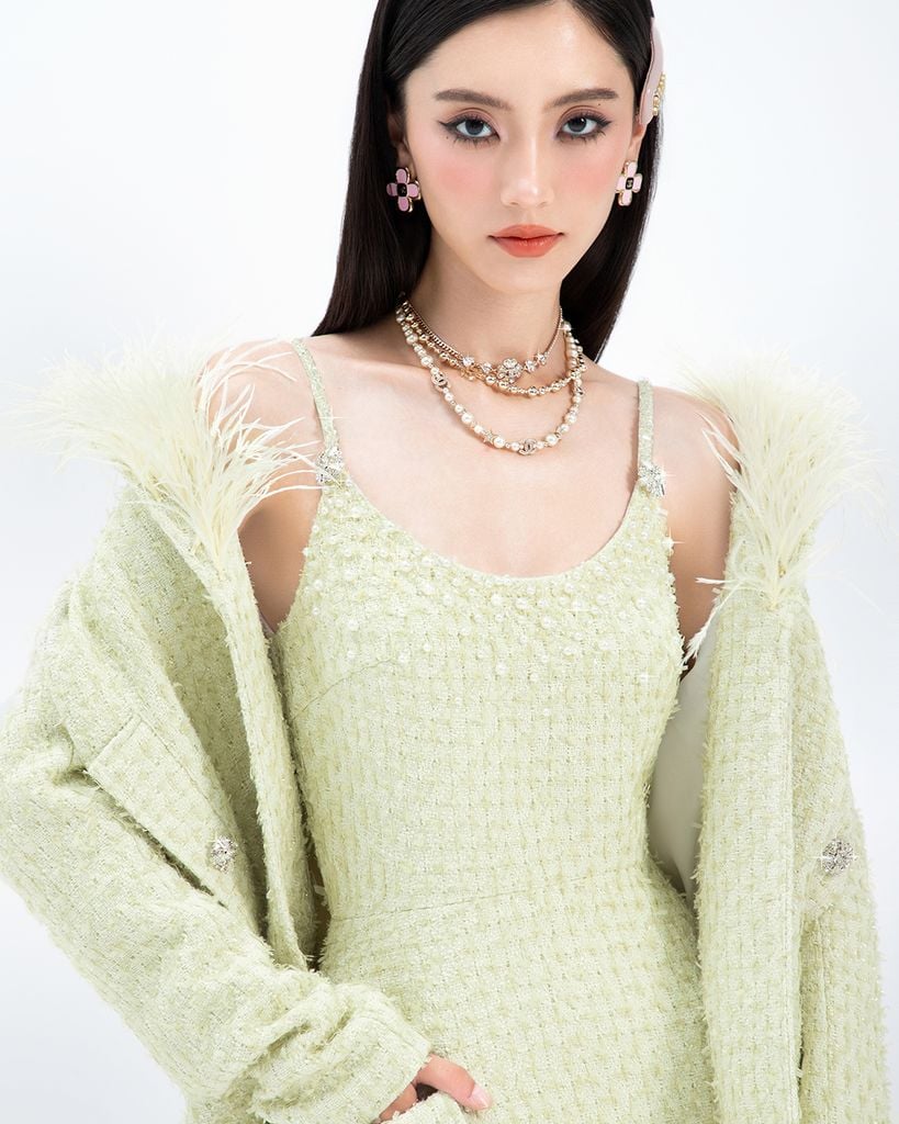  ĐẦM TWEED HAI DÂY CỔ KẾT NGỌC TRAI K CLOSET D2030 