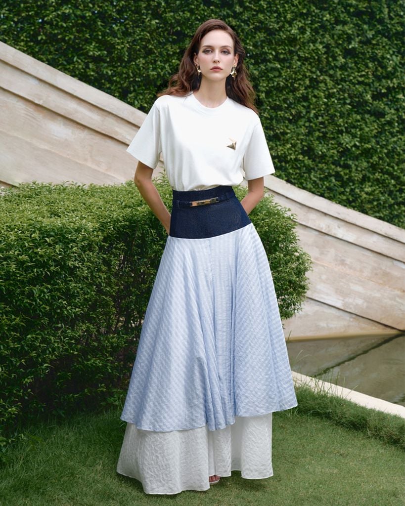  CHÂN VÁY HAI TẦNG PHỐI EO DENIM K CLOSET V3004 