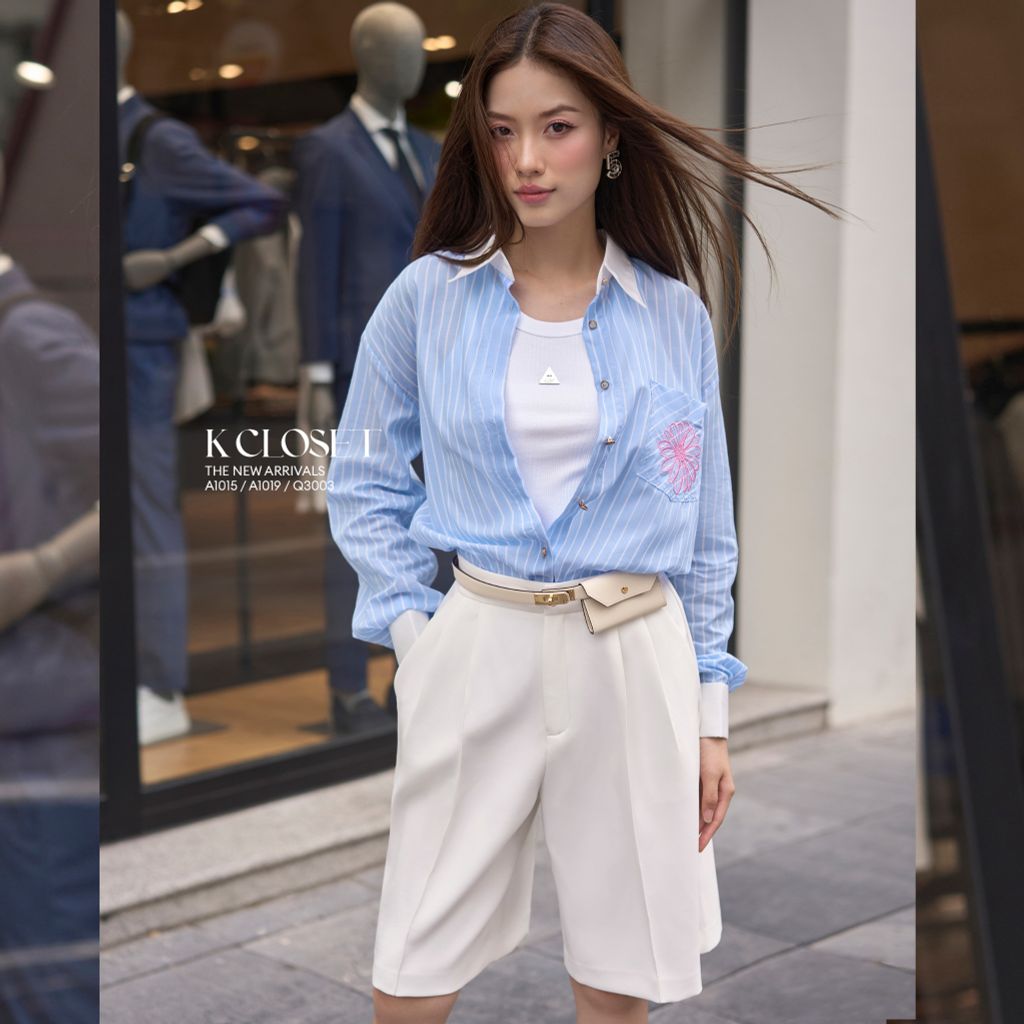  ÁO SƠ MI SỌC TAY DÀI TÚI THÊU BÔNG HOA K CLOSET A1015 