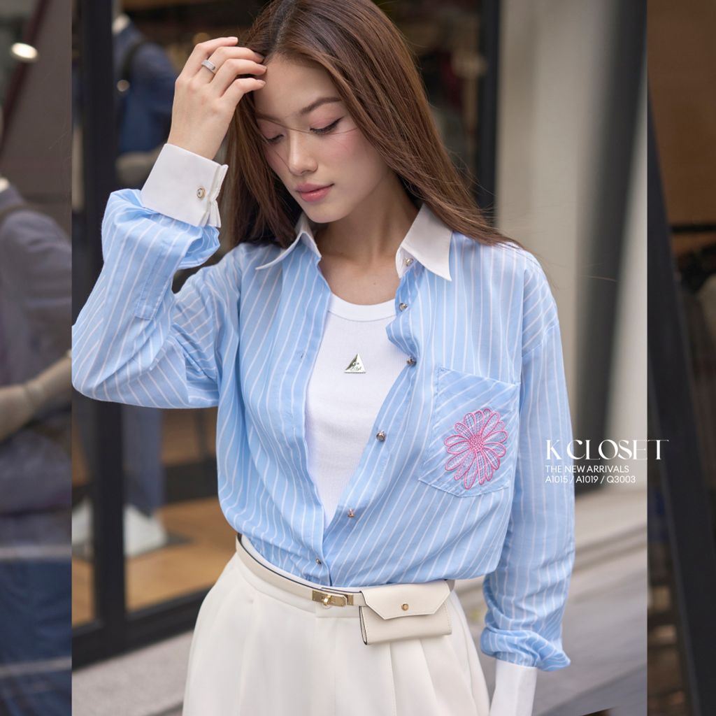  ÁO SƠ MI SỌC TAY DÀI TÚI THÊU BÔNG HOA K CLOSET A1015 