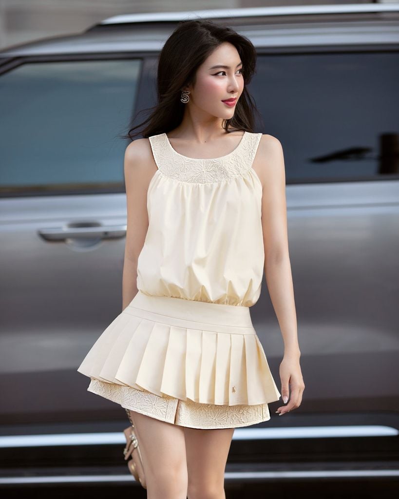  ĐẦM CỔ PHỐI REN NHÚN EO CHÂN XẾP LY K CLOSET D3009 