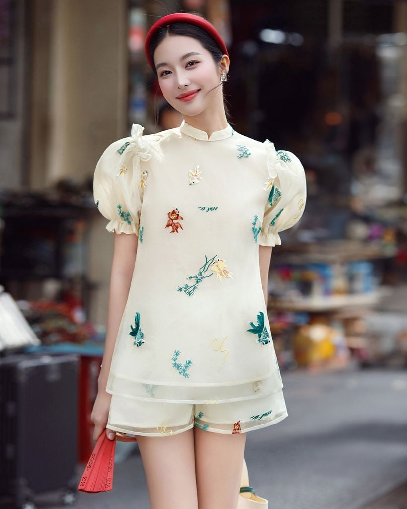  SET ÁO TAY LỒNG ĐÈN - QUẦN SHORT ORGANZA THÊU CÁ CHÉP K CLOSET S2020 