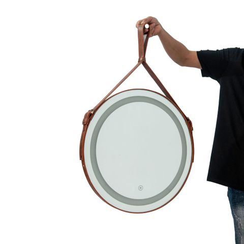  Gương tròn dây da | WILL | Nâu | Led trong có cảm ứng 