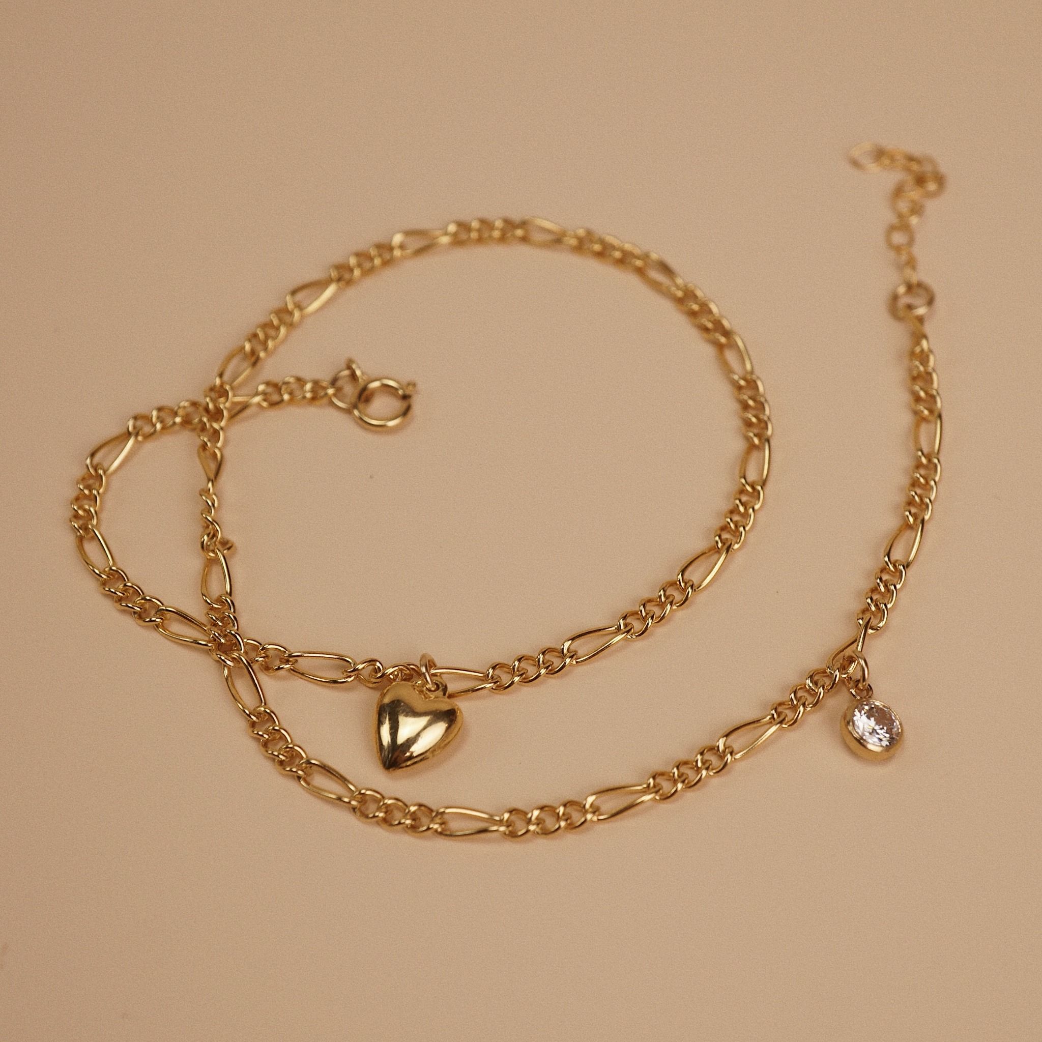  STONE & PUFF HEART DUO FIGARO BRACELET 