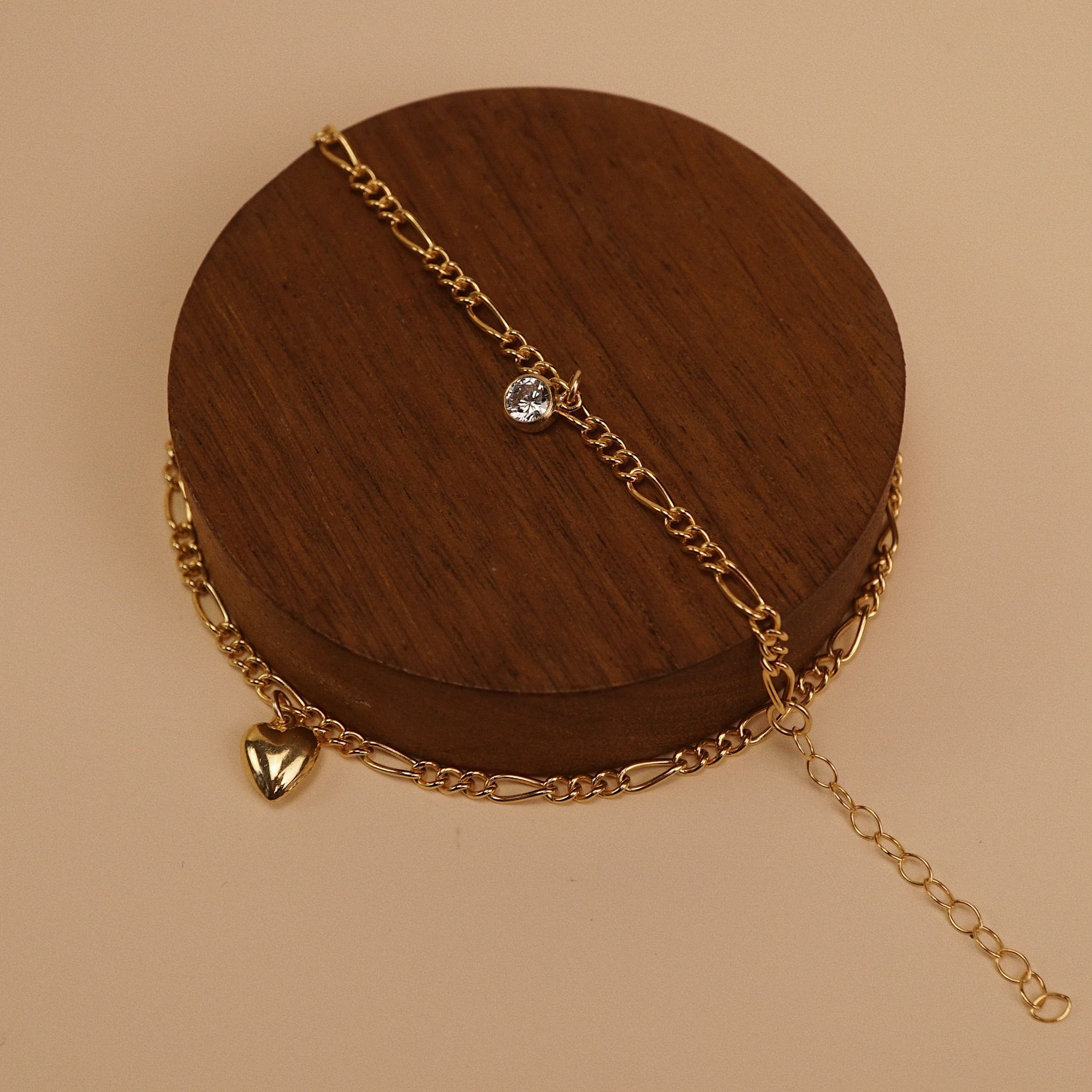  STONE & PUFF HEART DUO FIGARO BRACELET 