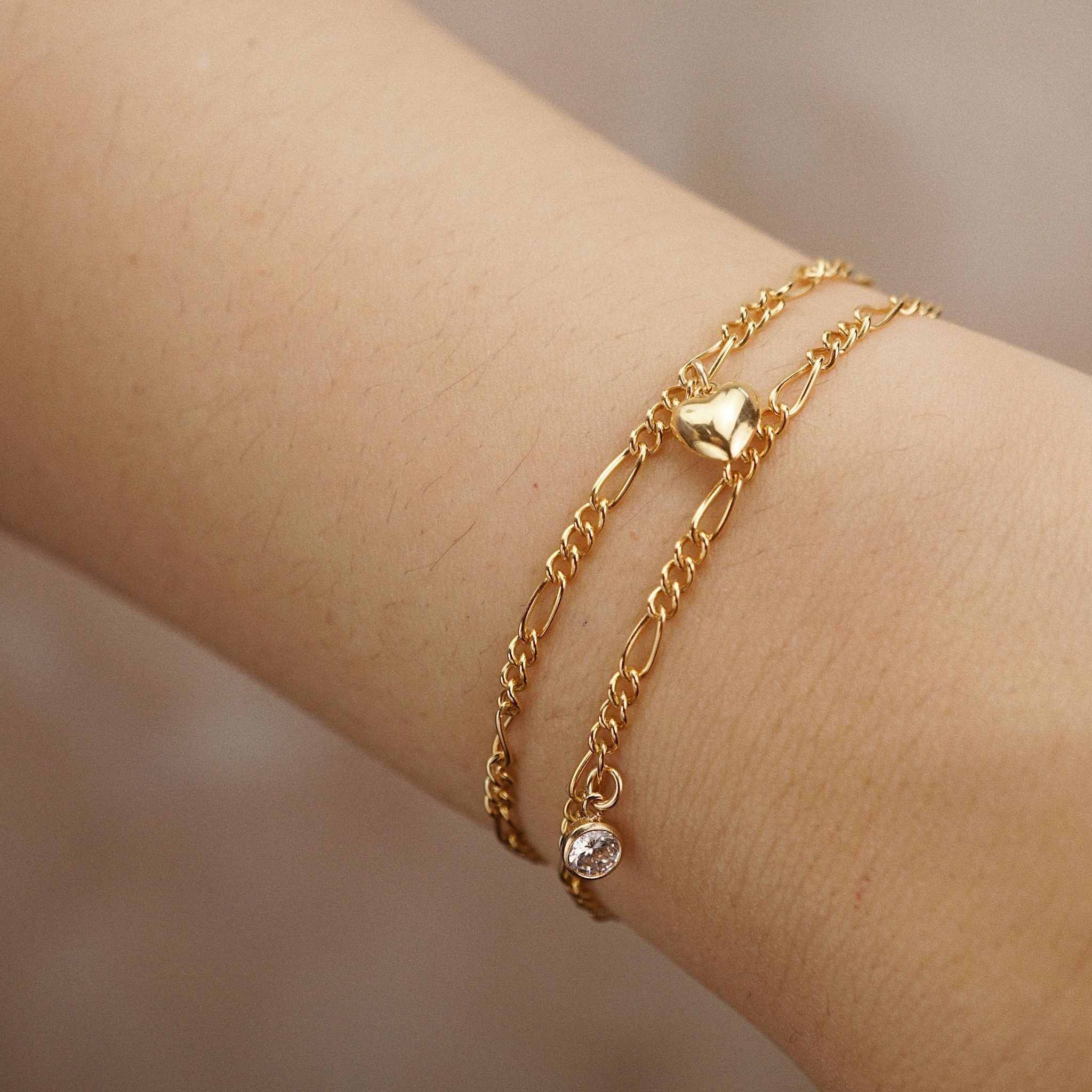  STONE & PUFF HEART DUO FIGARO BRACELET 