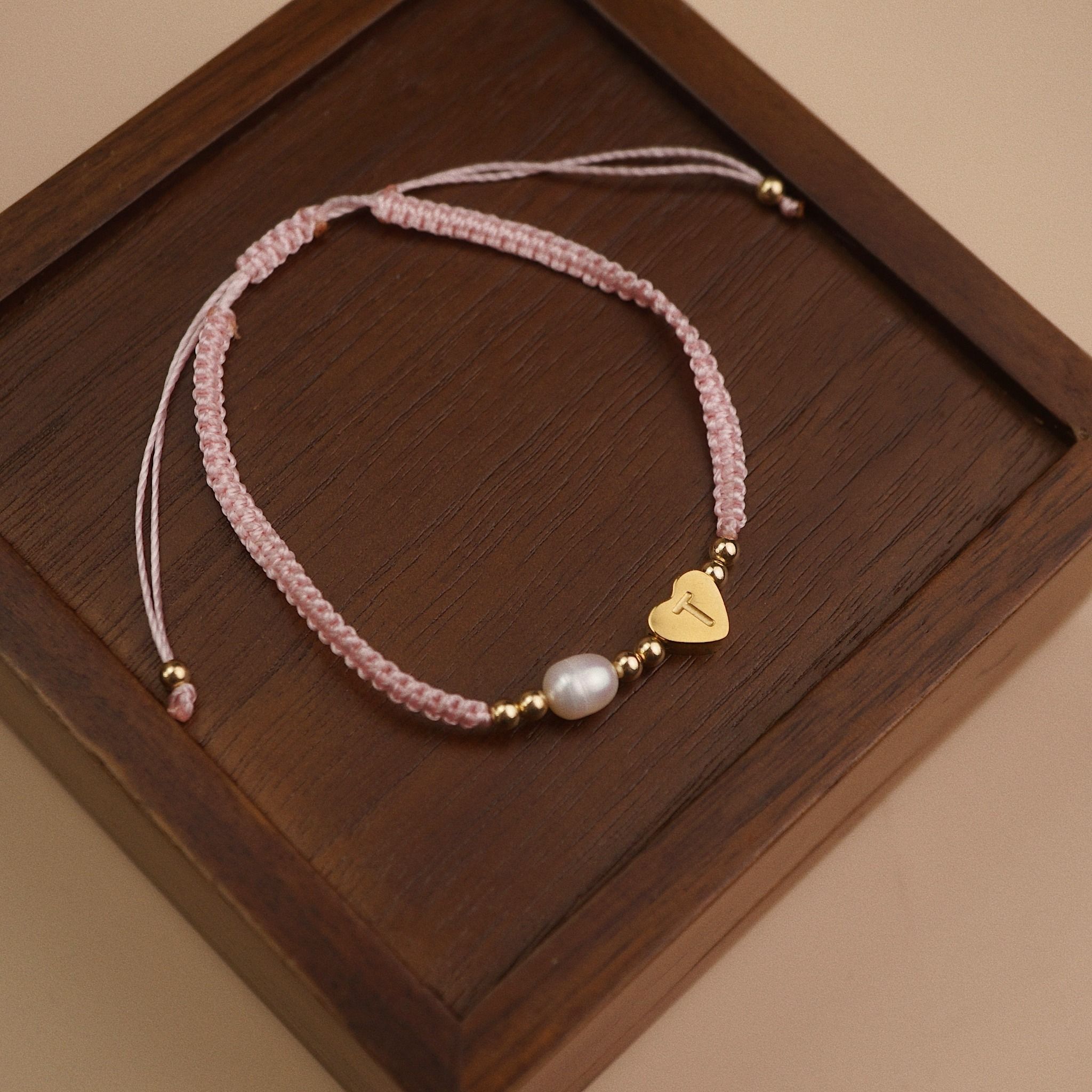  HOLLOW HEART LETTER MIX PEARL BEADED STRING BRACELET 