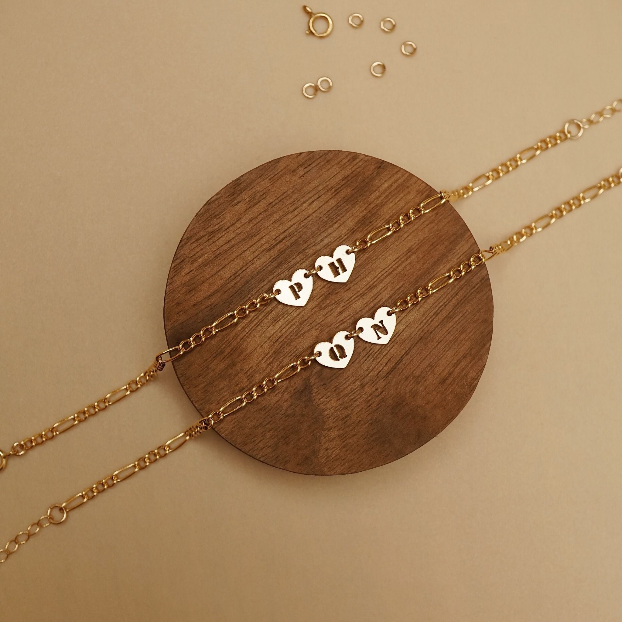  DOUBLE HEART LETTER LINK FIGARO BRACELET 