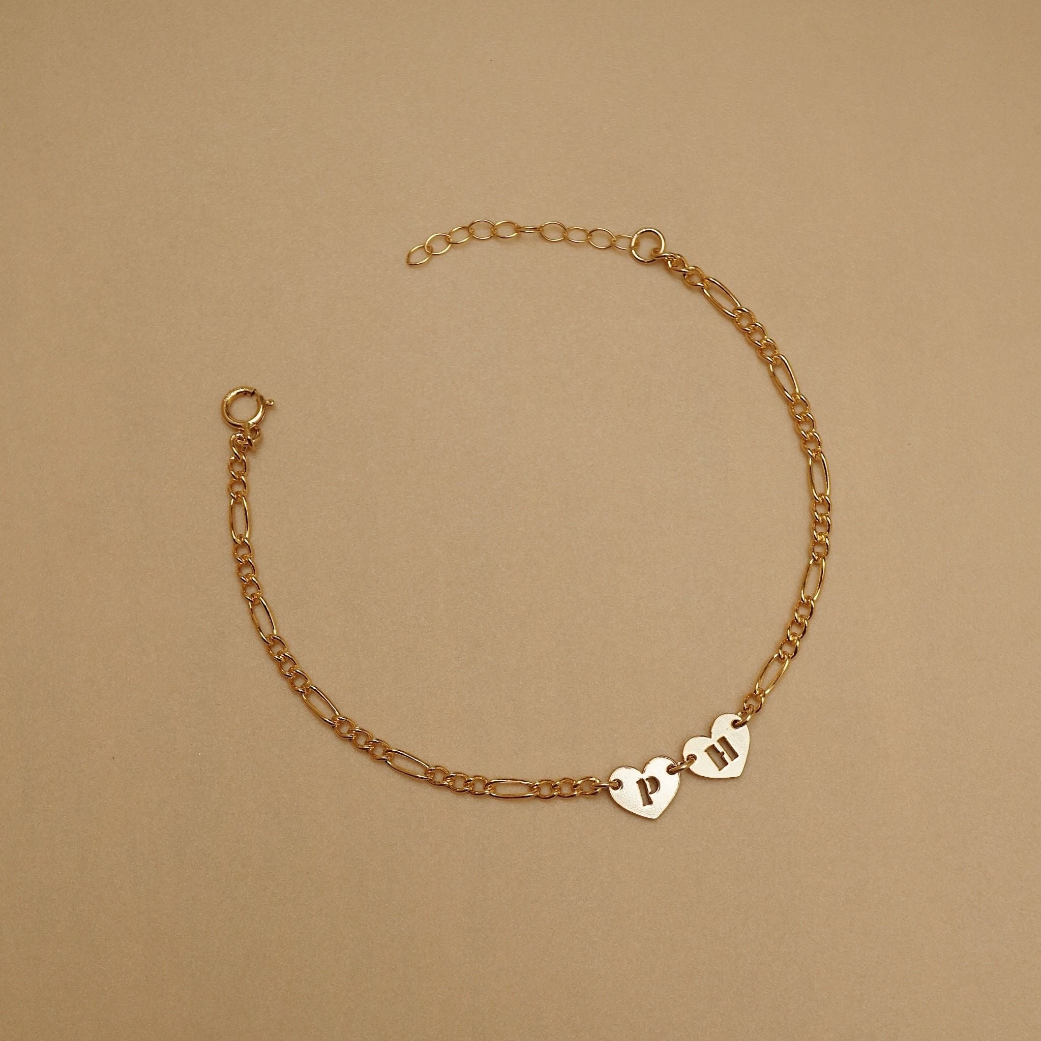 DOUBLE HEART LETTER LINK FIGARO BRACELET 
