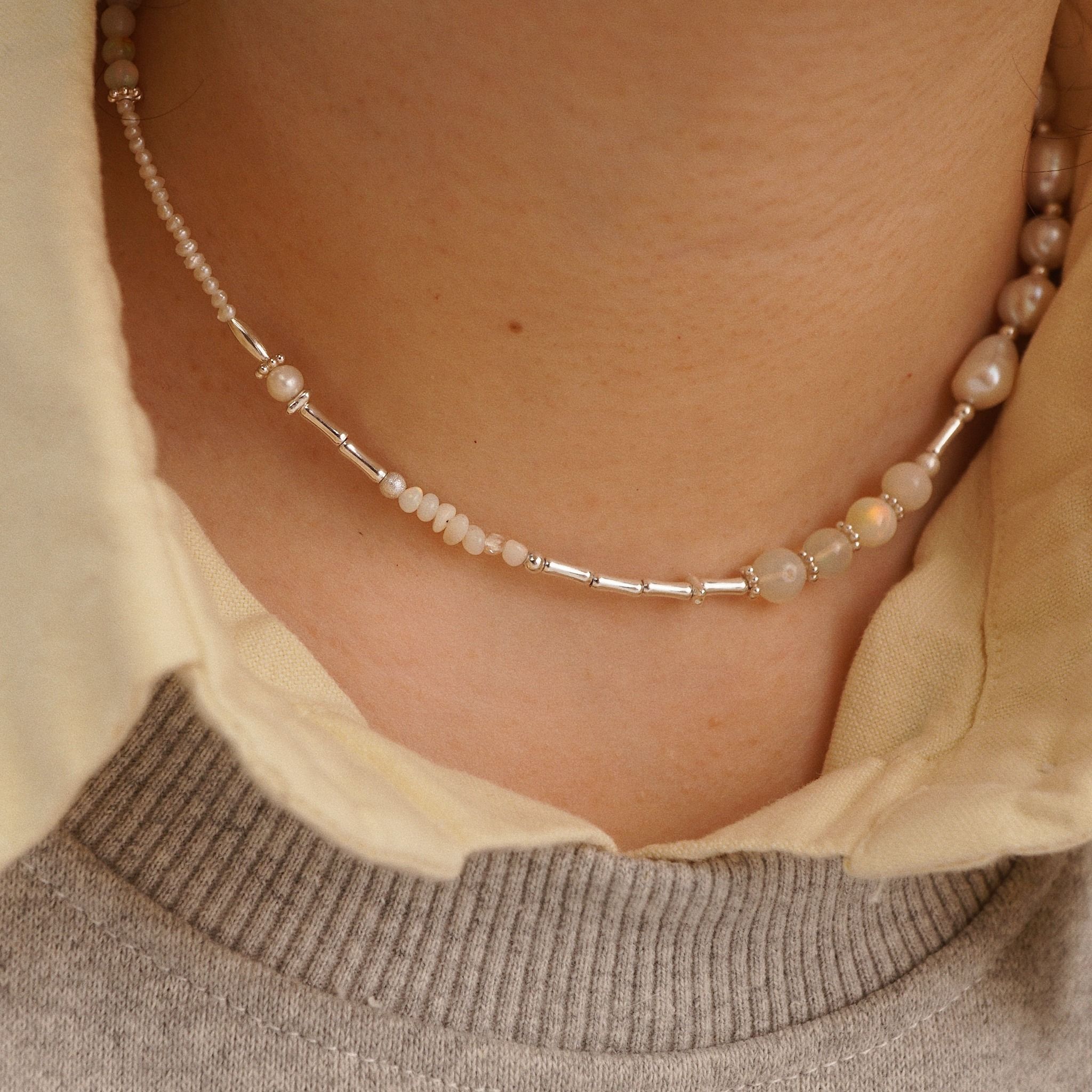  VINTAGE BAMBOO BEADED MIX OPAL PEARL NECKLACE (S) 