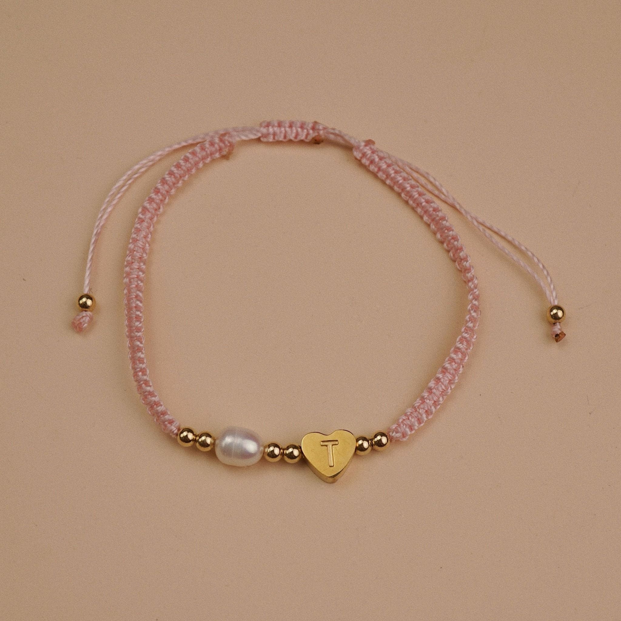  HOLLOW HEART LETTER MIX PEARL BEADED STRING BRACELET 