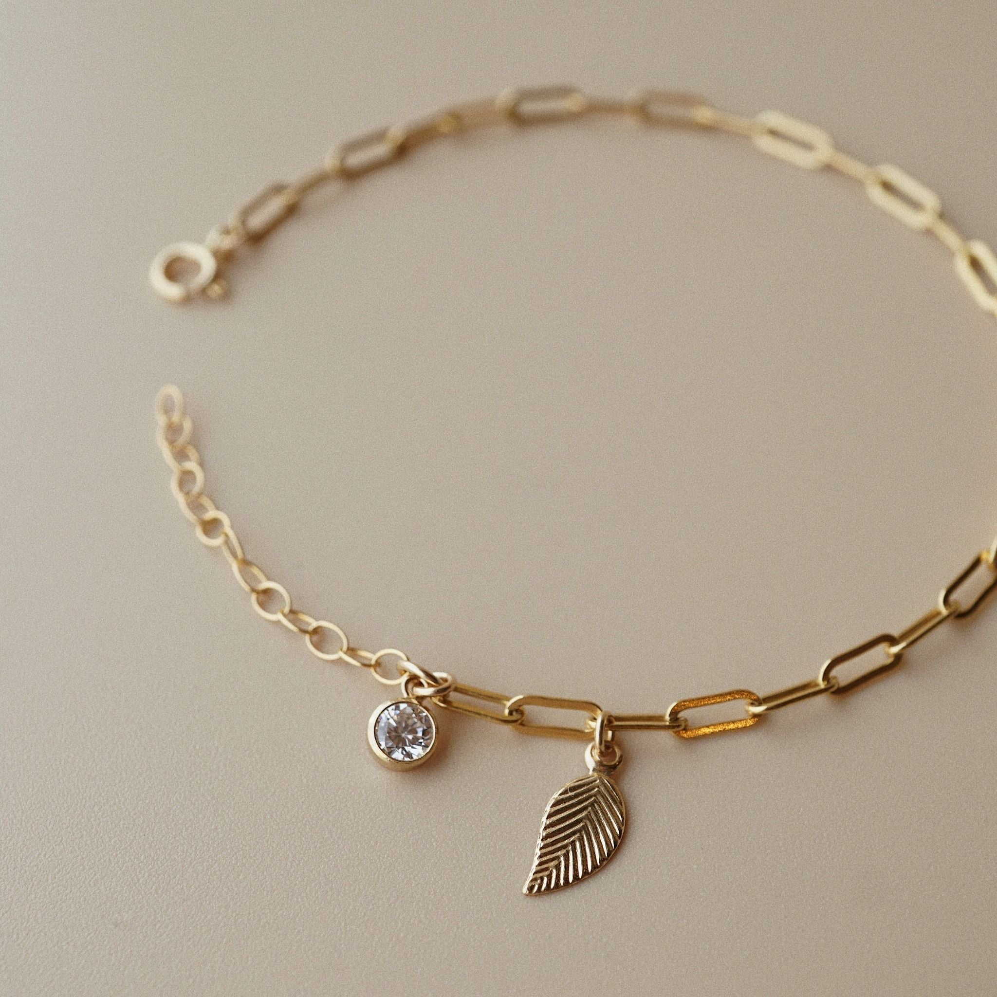  LEAF & STONE RECTANGLE CHAIN BRACELET 
