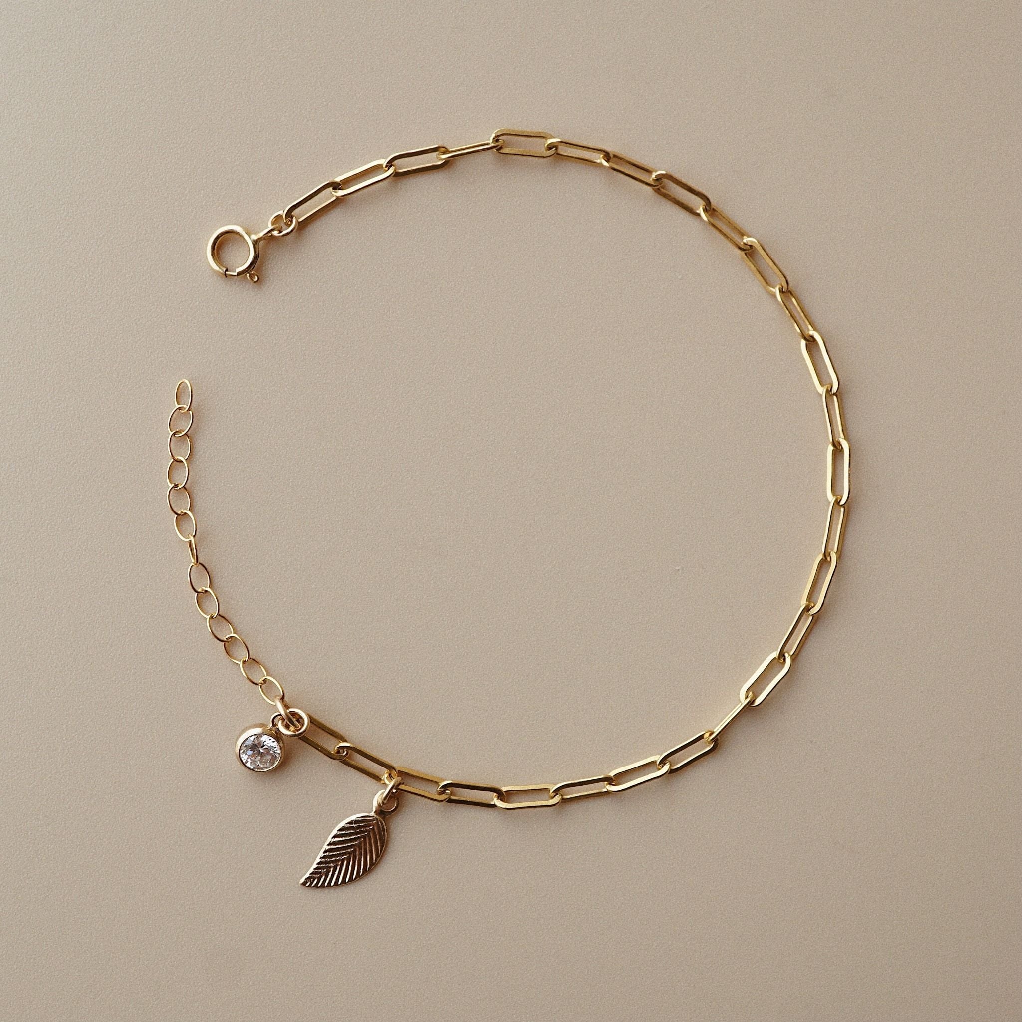  LEAF & STONE RECTANGLE CHAIN BRACELET 