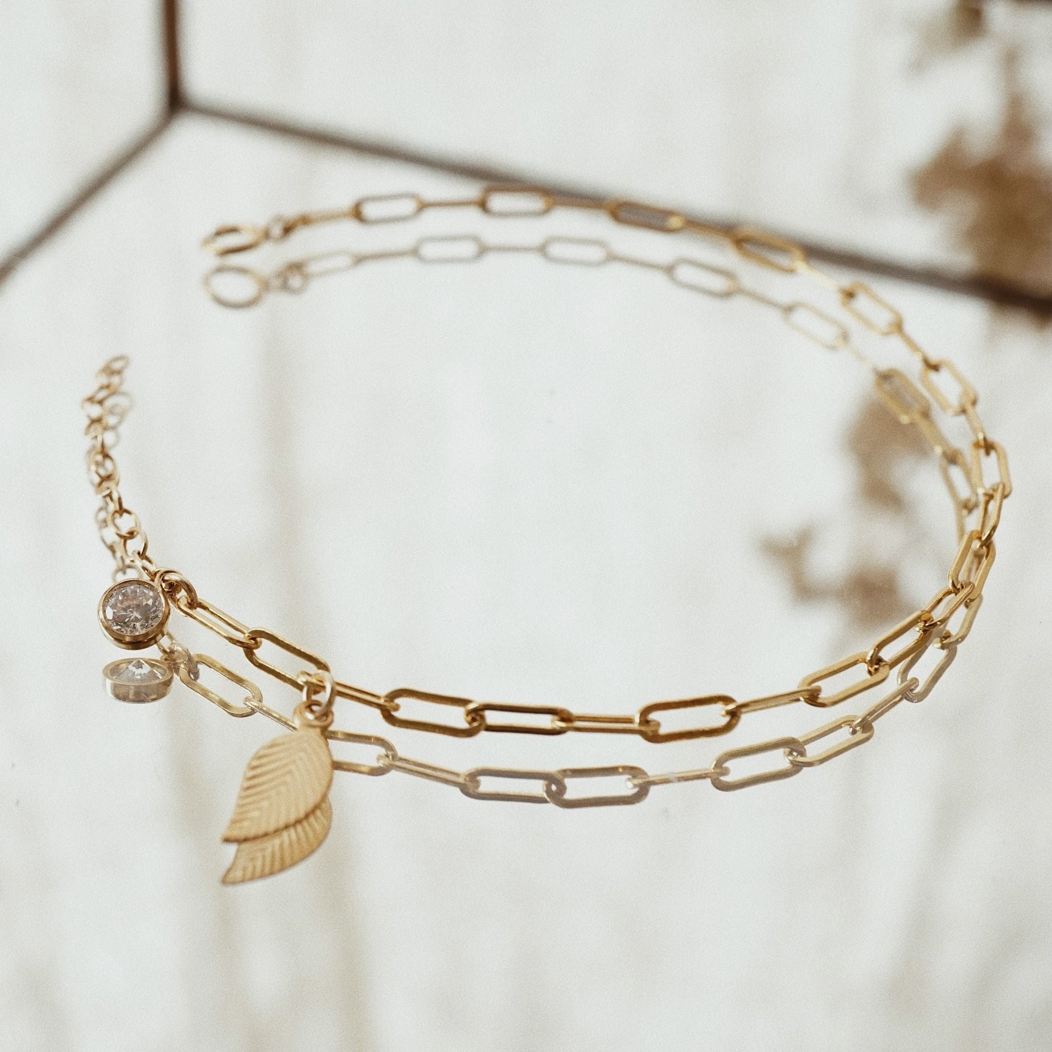  LEAF & STONE RECTANGLE CHAIN BRACELET 