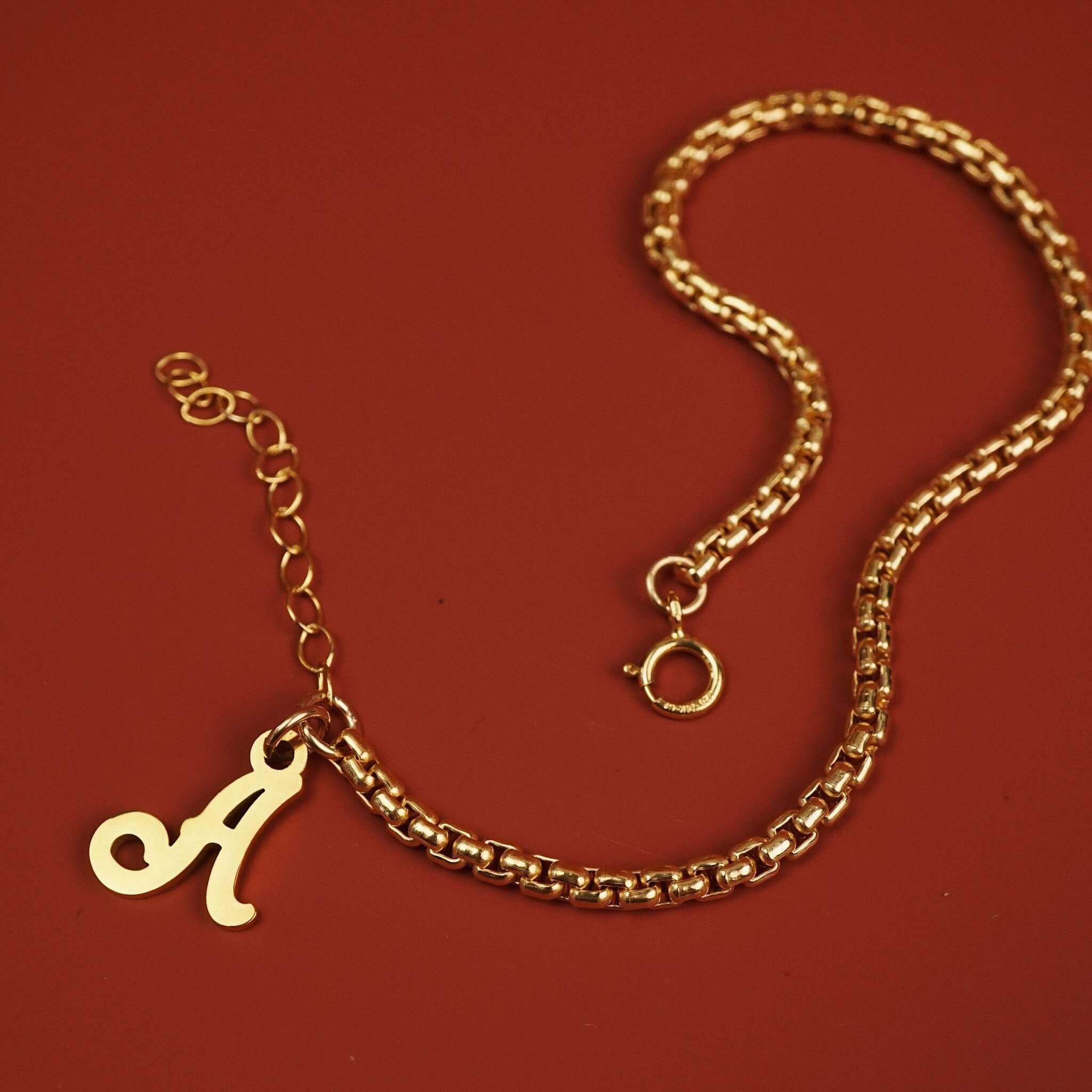  ITALIC SCRIPT LETTER - VENETIAN BOX CHAIN BRACELET 