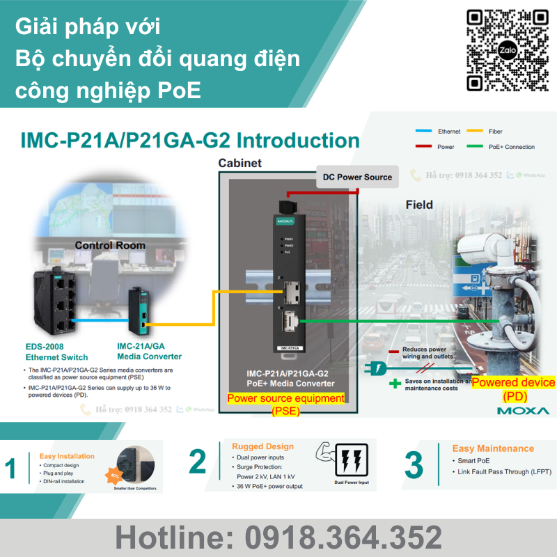  IMC-P21A-G2-S-SC Bộ chuyển đổi quang điện PoE Singlemode SC 40km Moxa Việt Nam, Diencn247 