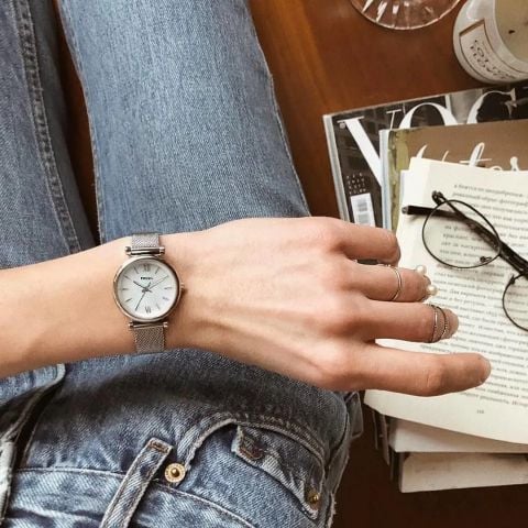Đồng hồ nữ Fossil CARLIE MINI, mặt bằng xà cừ 29mm, vỏ thép không gỉ ES4432 - màu bạc