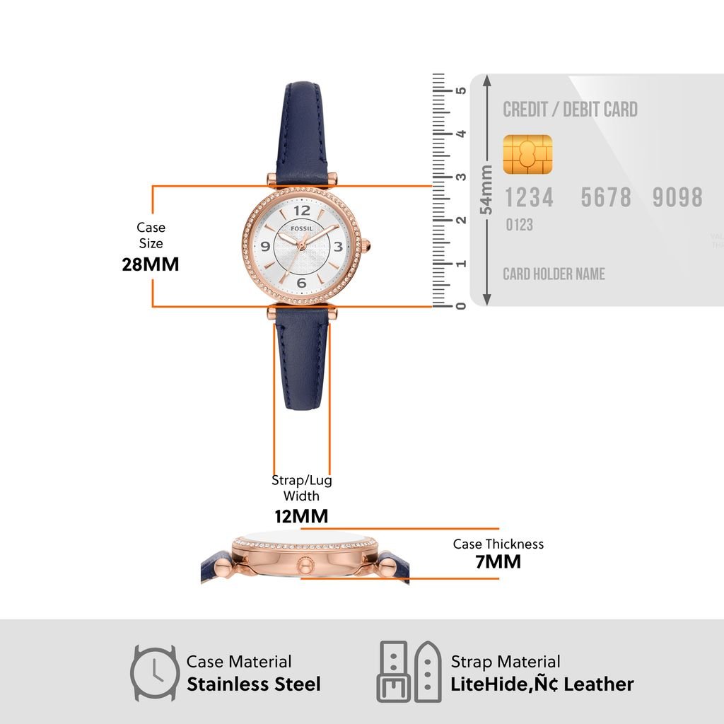 Đồng hồ nữ Fossil Carlie dây da, mặt 28 MM, màu xanh dương, ES5295