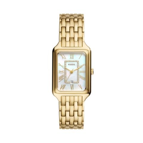Đồng hồ nữ Fossil Raquel dây kim loại màu vàng, mặt chữ nhật khảm xà cừ 26 MM đính đá, ES5304