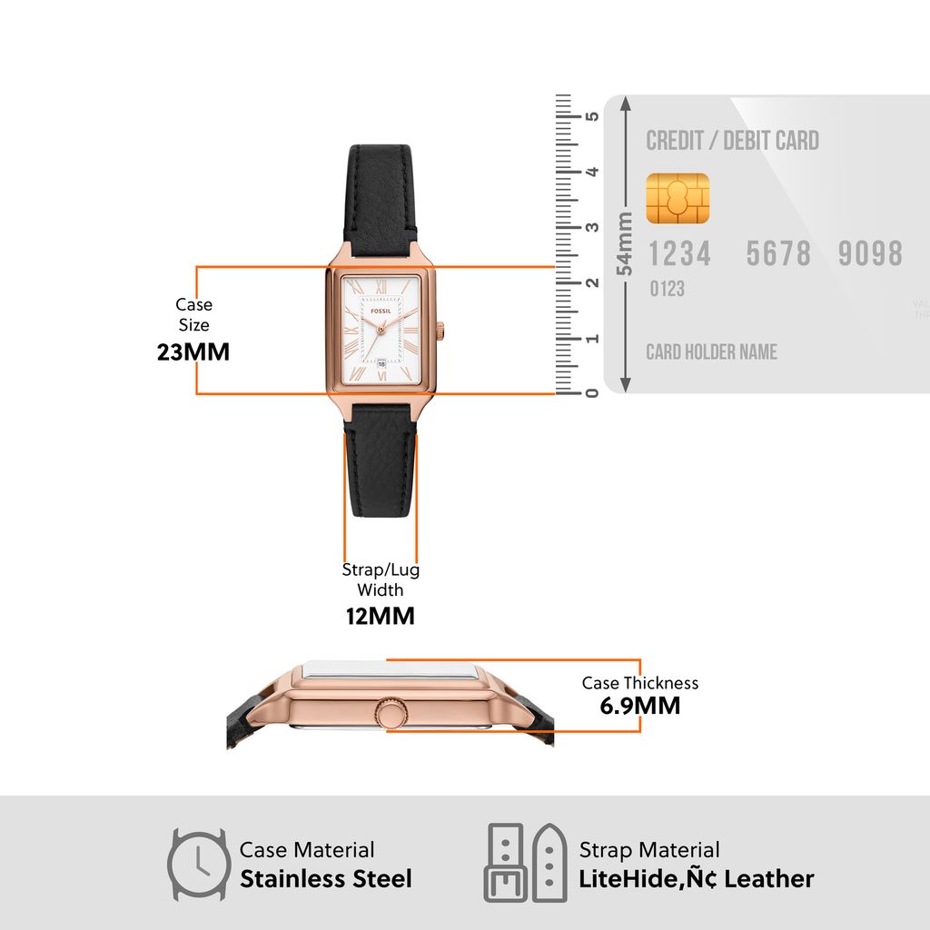Đồng hồ nữ Fossil Raquel dây da thật màu đen, mặt chữ nhật 23 MM xem ngày giờ, ES5310