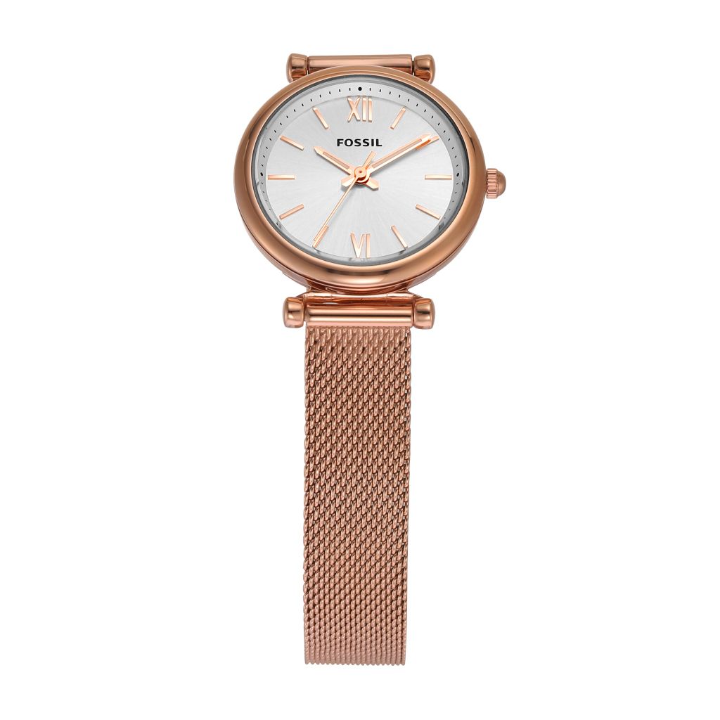 Đồng hồ nữ Fossil Carlie cùng dây chuyền trái tim, dây kim loại, mặt 28 MM, màu vàng hồng, ES5314SET